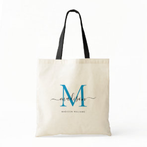 Preppy Bright Blue Black Monogram Chic Script Name Tote Bag