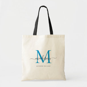 Preppy Bright Blue Black Monogram Chic Script Name Tote Bag