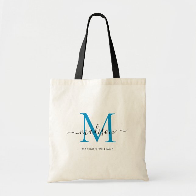 Preppy Bright Blue Black Monogram Chic Script Name Tote Bag (Front)