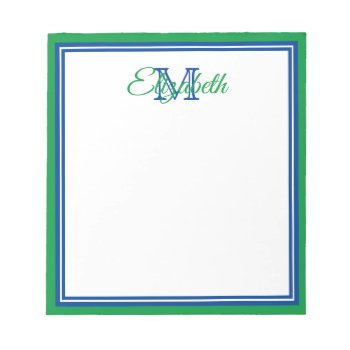 Preppy Bright Kelly Green And Deep Blue Monogram Notepad by jozanehouse at Zazzle