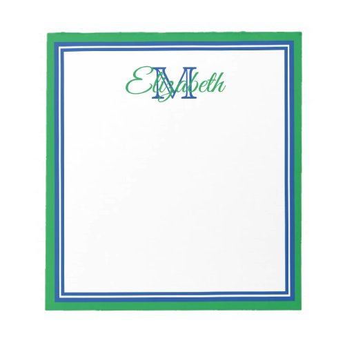 Preppy Bright Kelly Green and Deep Blue Monogram Notepad