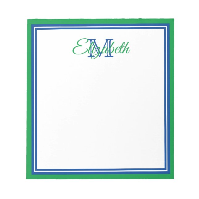 Preppy Bright Kelly Green and Deep Blue Monogram Notepad (Front)
