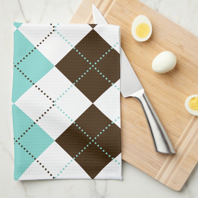 Preppy Brown and Teal Blue Checker Patterns Towel (Quarter Fold)
