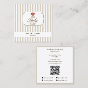 Preppy Brown & Beige Stripes Bakery Logo QR Code Square Business Card