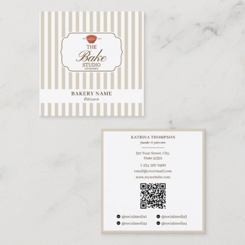 Preppy Brown & Beige Stripes Bakery Logo QR Code Square Business Card