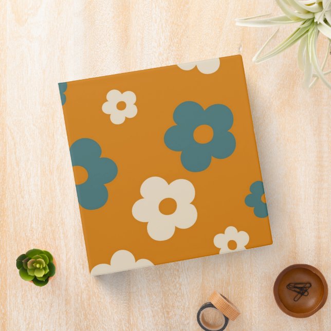 Preppy Brown Blue Hippie Flower Pattern 3 Ring Binder (In Situ)