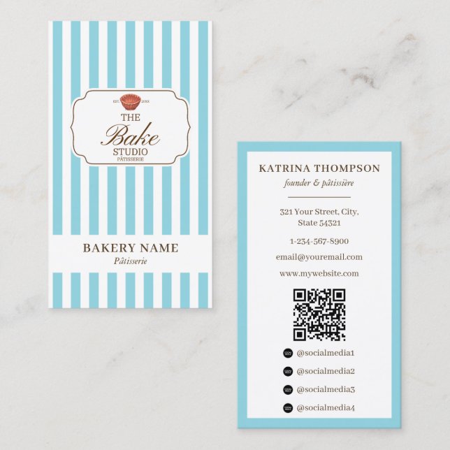 Preppy Brown & Blue Stripes Bakery Logo QR Code Business Card (Front/Back)