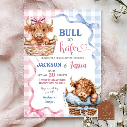 Preppy Bull or Heifer Highland Cow Gender Reveal Invitation