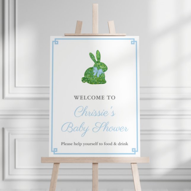 Preppy Bunny Easter Boy Baby Shower Welcome Sign (Preppy Easter or Spring baby shower for boy welcome sign with boxwood topiary bunny)