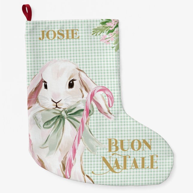 Preppy Bunny & Green Gingham Buon Natale Large Christmas Stocking (Front)