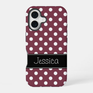 Preppy Burgundy and White Polka Dots Personalized iPhone 16 Case