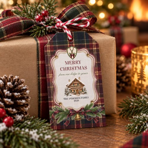 Preppy Burgundy Plaid Après Ski Family Christmas Gift Tags