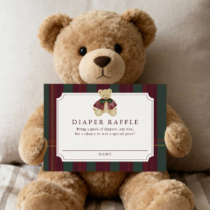 Preppy Burgundy Plaid Teddy Bear Diaper Raffle Enclosure Card