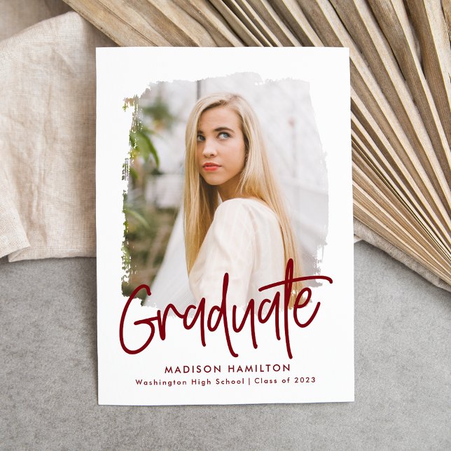 Preppy Burgundy Script Photo Graduation Announcement (Creator Uploaded)