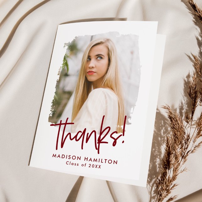 Preppy Burgundy Script Photo Graduation Thank You Card (Creator Uploaded)