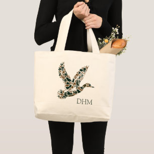Preppy Camouflage Mallard Duck Monogram Large Tote Bag
