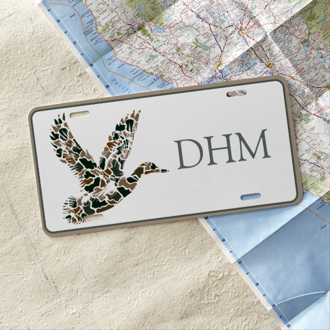 Preppy Camouflage Mallard Duck Monogram License Plate (In Situ)