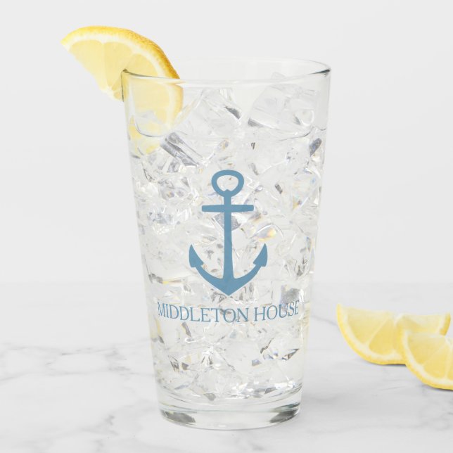 Preppy Carolina Blue Anchor Personalized Glass (Front Ice)