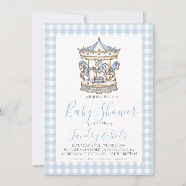 Preppy Carousel Blue Boy Baby Shower Invitation (Front)