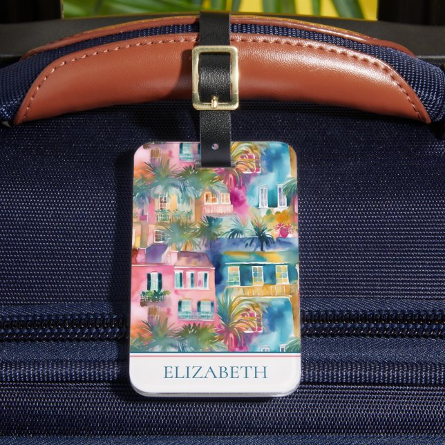 Preppy Charleston Houses Personalized Luggage Tag (Front Insitu 2)