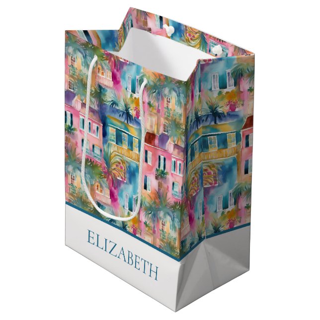 Preppy Charleston Houses Personalized Medium Gift Bag (Front Angled)