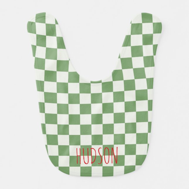 Preppy Check Green White Red NAME Holiday  Baby Bib (Front)