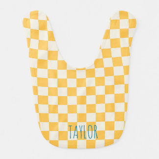 Preppy Check Modern Yellow Blue NAME Baby Bib
