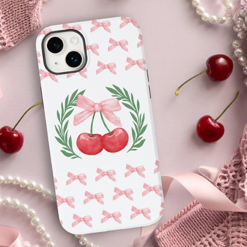 Preppy Cherries Pink Bows and Laurel Wreath Logo Case_Mate iPhone 14 Plus Case