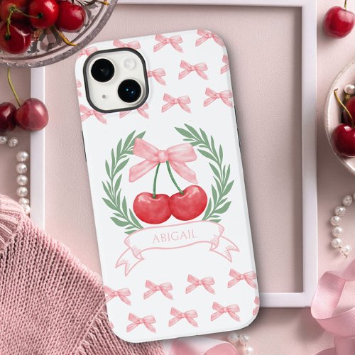 Preppy Cherries Pink Bows Laurel Wreath Logo Name Case_Mate iPhone 14 Plus Case