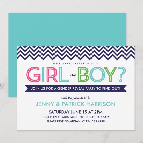 Preppy Modern Chevron Baby Gender Reveal Party Personalized Announcement