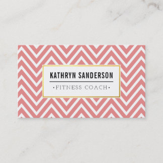 PREPPY CHEVRON pattern gold logo emblem coral pink Business Card