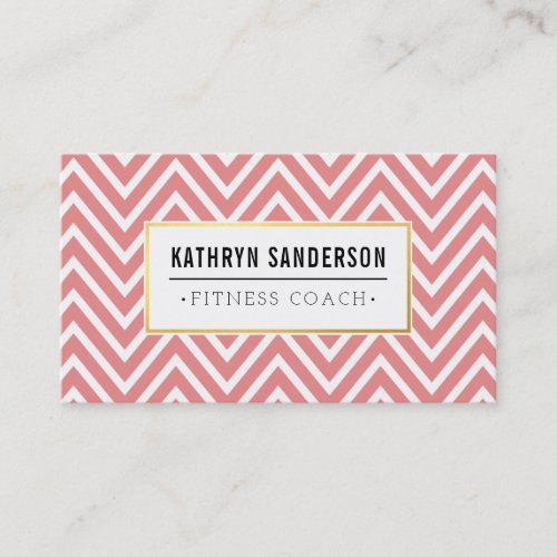 PREPPY CHEVRON pattern gold logo emblem coral pink Business Card