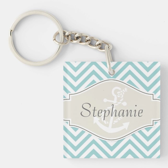 Preppy Chevron Stripe Modern Monogrammed Name Keychain (Front)