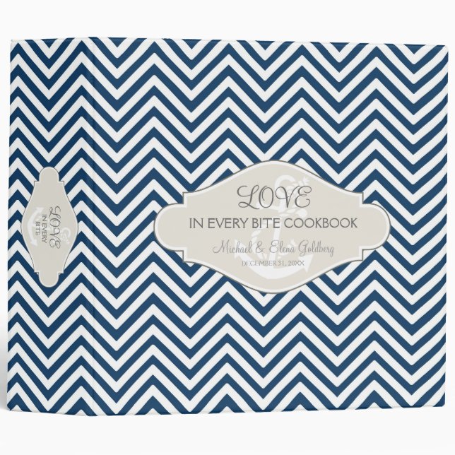 Preppy Chevron Stripe Modern Nautical Anchor 3 Ring Binder (Front/Spine)
