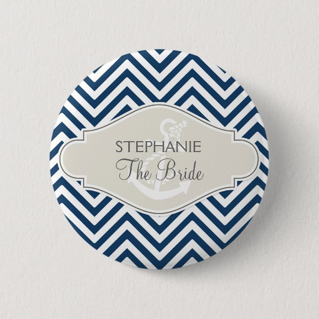 Preppy Chevron Stripe Modern Nautical Anchor Button (Front)