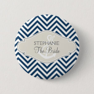 Preppy Chevron Stripe Modern Nautical Anchor Button