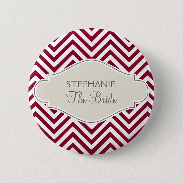 Preppy Chevron Stripe Modern Red White Bride Name Pinback Button (Front)
