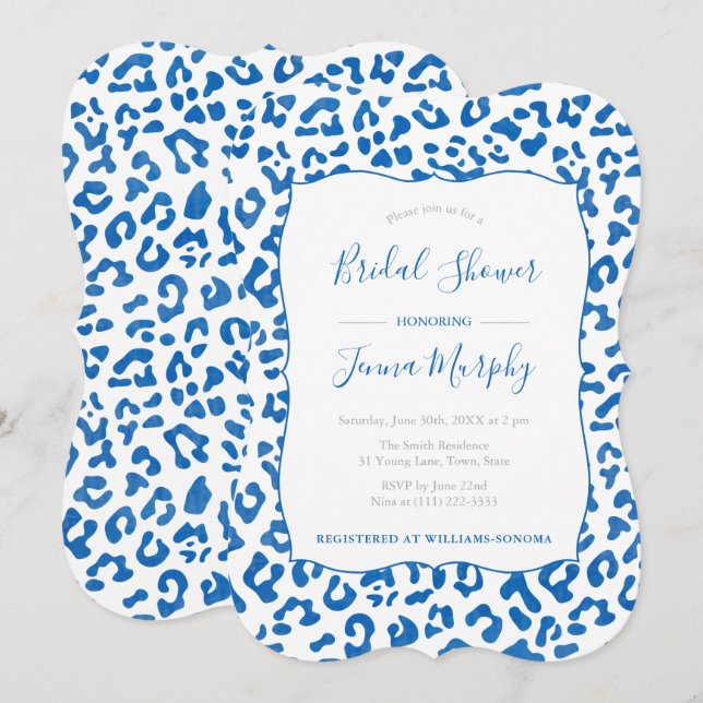 Preppy Chic Blue Leopard Print Bridal Shower Invitation (Front/Back)