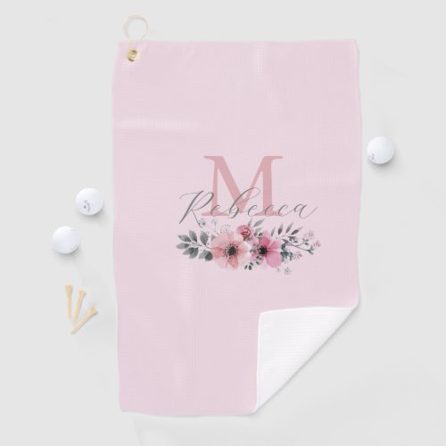 Preppy chic blush pink watercolor floral monogram golf towel