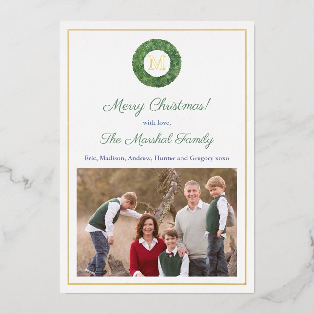 Preppy Chic Boxwood Monogram Wreath Happy Holidays Foil Holiday Card (Front)