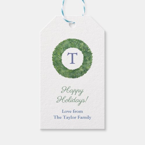 Preppy Chic Boxwood Wreath Monogram Happy Holidays Gift Tags