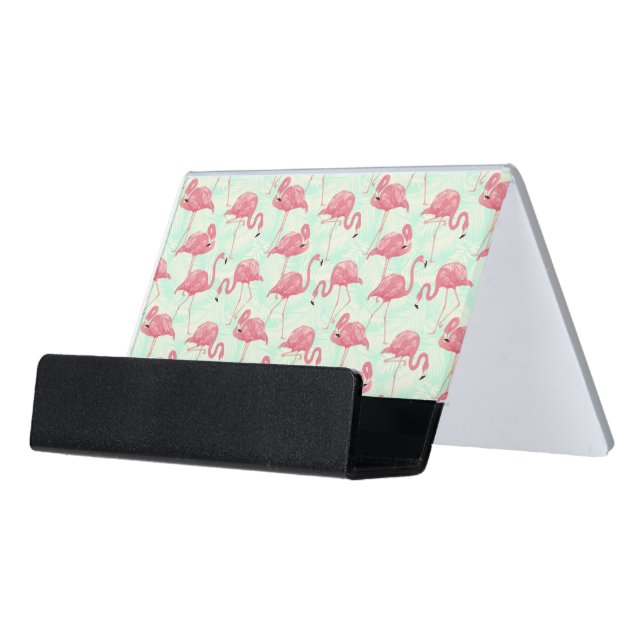 Preppy Chic Elegant Pink Flamingo Pattern Desk Business Card Holder (Angled Front)