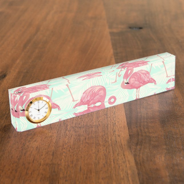 Preppy Chic Elegant Pink Flamingo Pattern Desk Name Plate (Side)