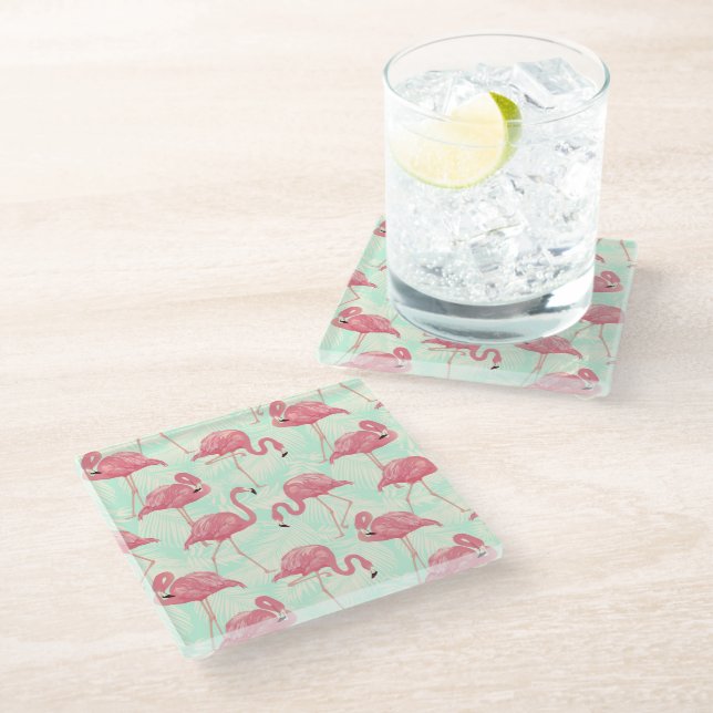 Preppy Chic Elegant Pink Flamingo Pattern Glass Coaster (Angled)