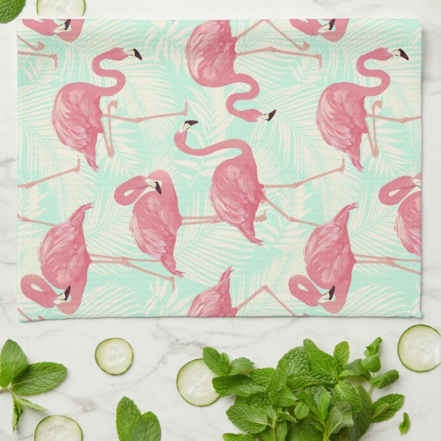Preppy Chic Elegant Pink Flamingo Pattern Kitchen Towel (Folded)