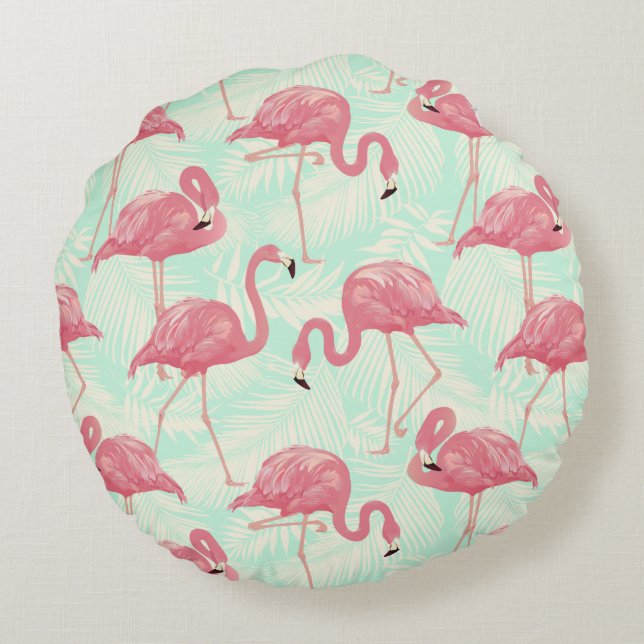 Preppy Chic Elegant Pink Flamingo Pattern Round Pillow (Back)