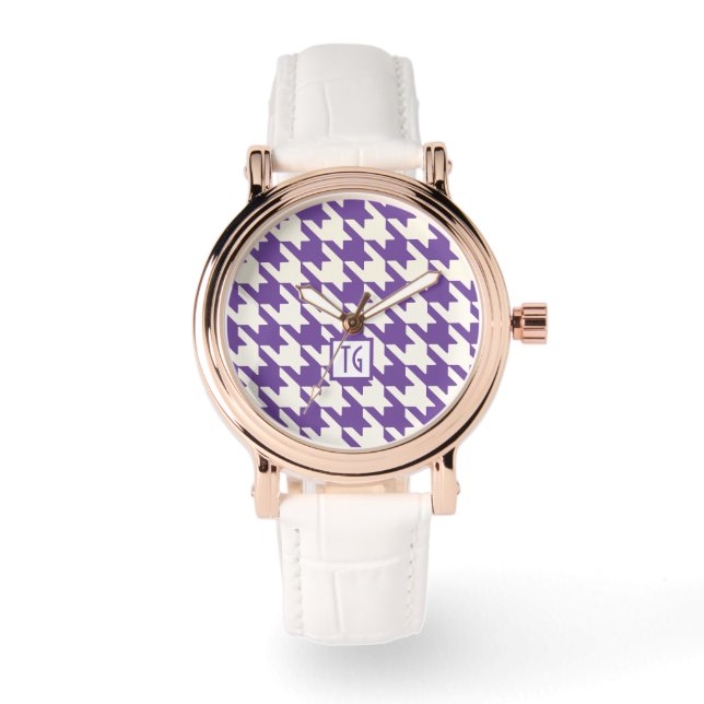 Preppy Chic Houndstooth Purple Monogram Watch (Front)