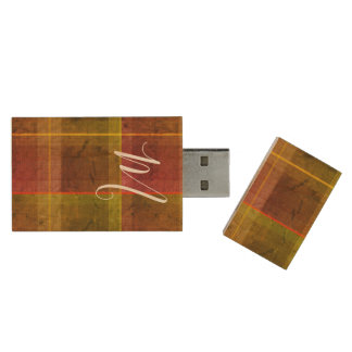 Preppy chic initial fall orange tartan plaid wood flash drive