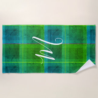 Preppy chic initial green & blue tartan plaid beach towel