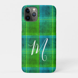 Preppy chic initial green & blue tartan plaid iPhone 11 pro case